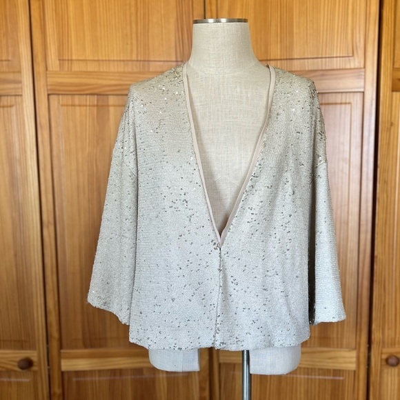 Zara Basic Size Large Cream Sequin Elbow Length Jacket Blazer Neutral Wedding - Picture 3 of 11